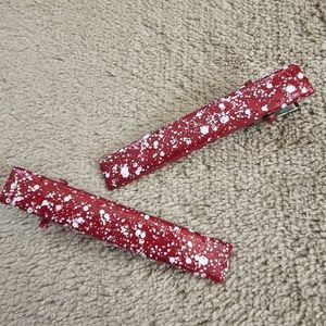 2 Hair Clips Red w/ White Dots Splatter Confetti Barrettes Hand Painted